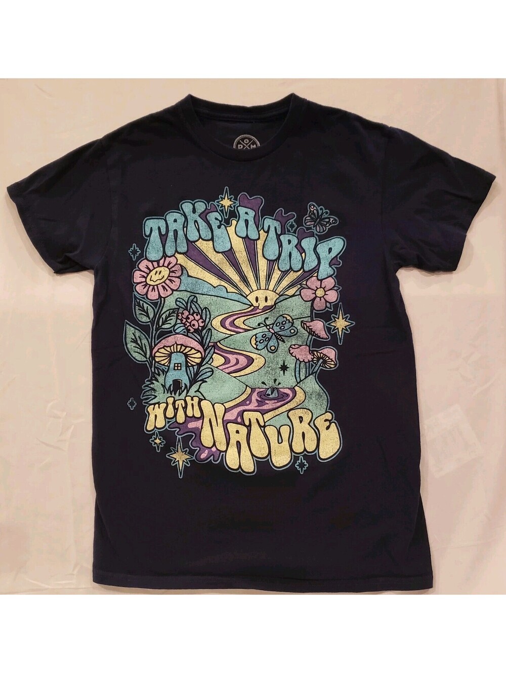 DOM Take A Trip With Nature Mushroom Graphic Tee Women’s Size S Black Blue Shirt - Picture 1 of 4
